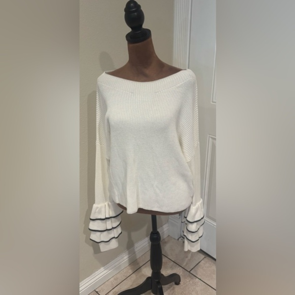 Express Cream Off-the-Shoulder Sweater with Ruffle Sleeves